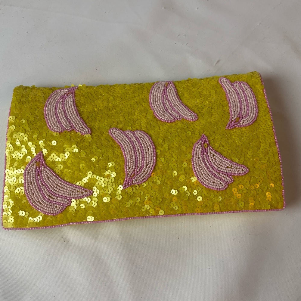 NWT From St Xavier Bananas Clutch Yellow Pink Beaded Clutch Purse Bag Quirky